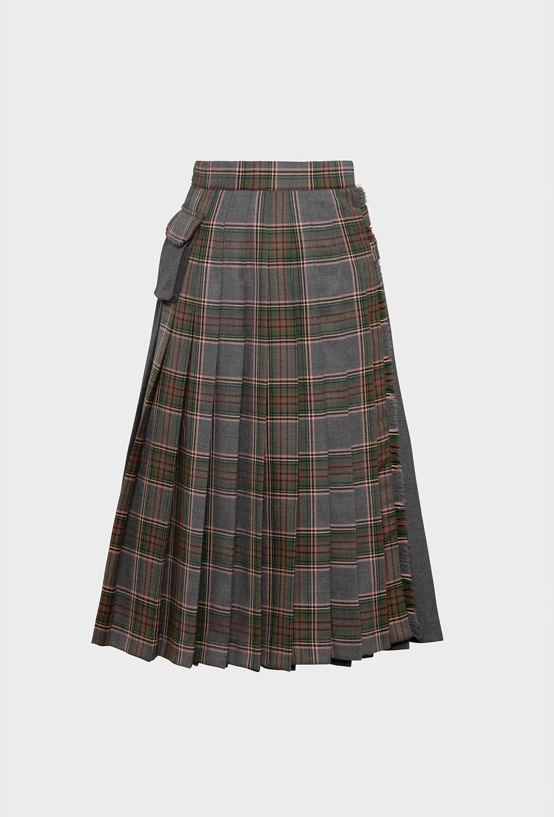 Shrimps Anya wool Kilt. Grey Stewart tartan kilt with contrasting plain grey on the back. Buckle fastenings with side pocket. Woven and made in Scotland. AW26