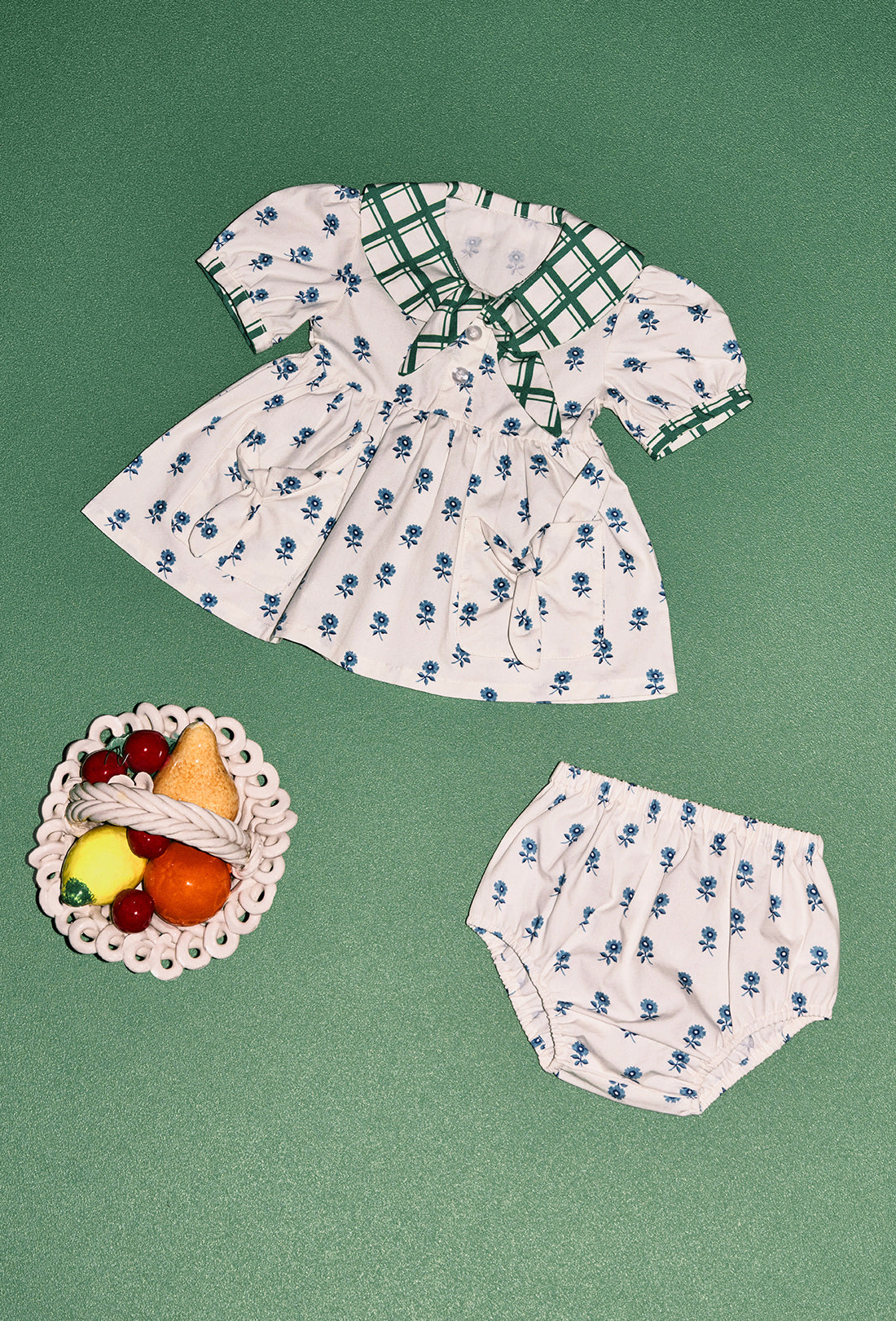 Bia Baby & Kids Dress & Bloomers - Delft Flower/Leaf Green Check