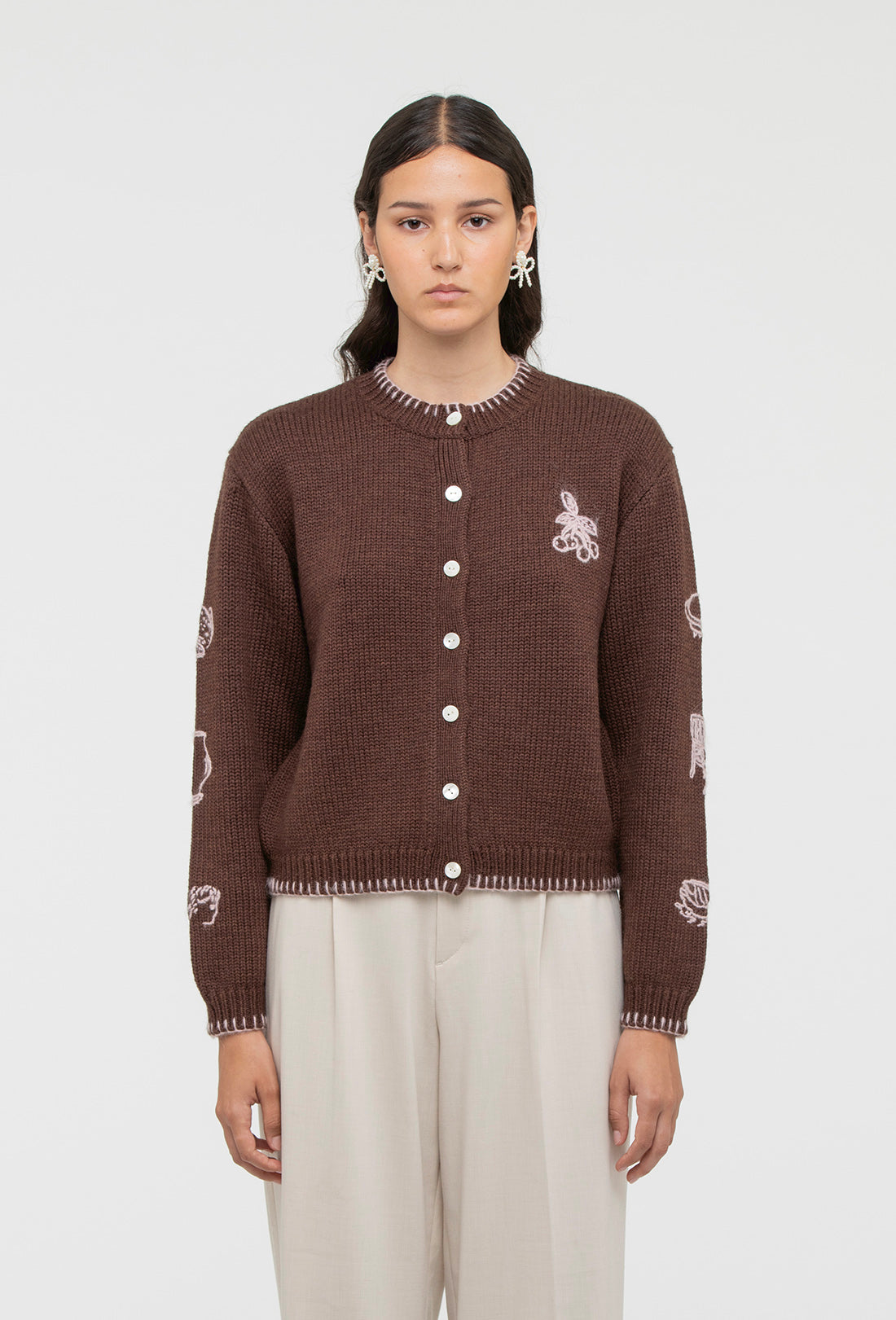 Hartley Chocolate Brown Merino Wool Cardigan with Pink Embroidery