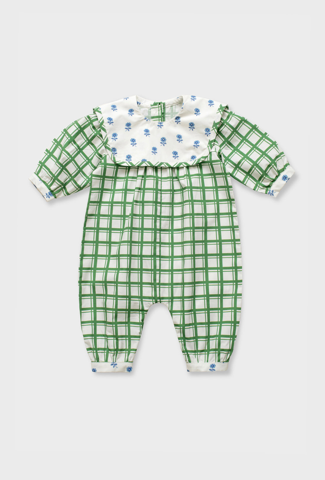 Leda Baby & Kids Romper - Leaf Green Check/Delft Flower