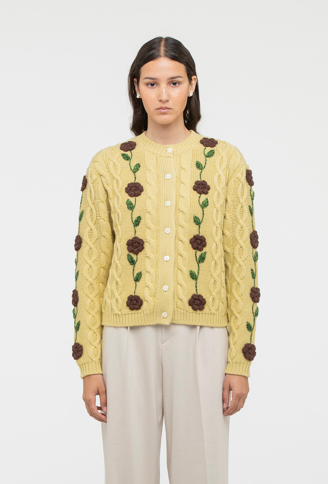 Minnie Cardigan - Dusty Yellow/Chocolate Brown