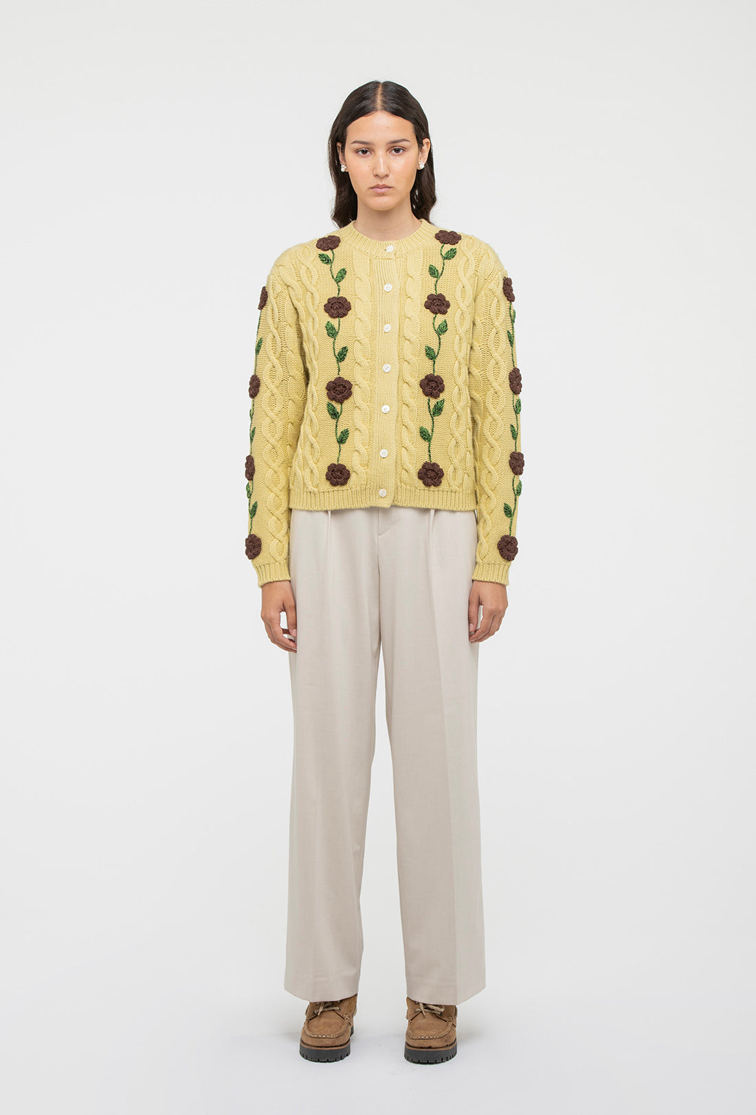Minnie Cardigan - Dusty Yellow/Chocolate Brown
