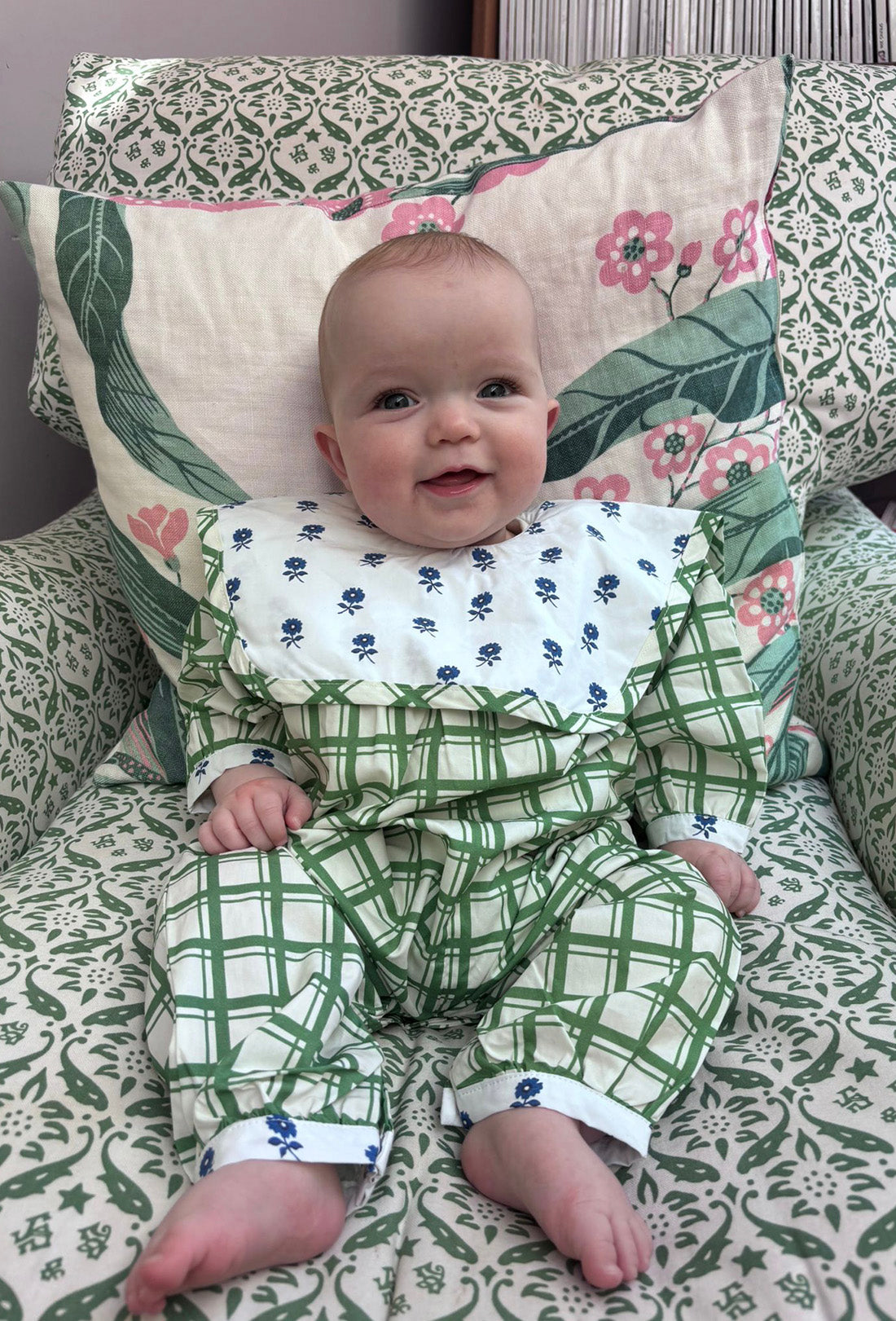 Leda Baby & Kids Romper - Leaf Green Check/Delft Flower