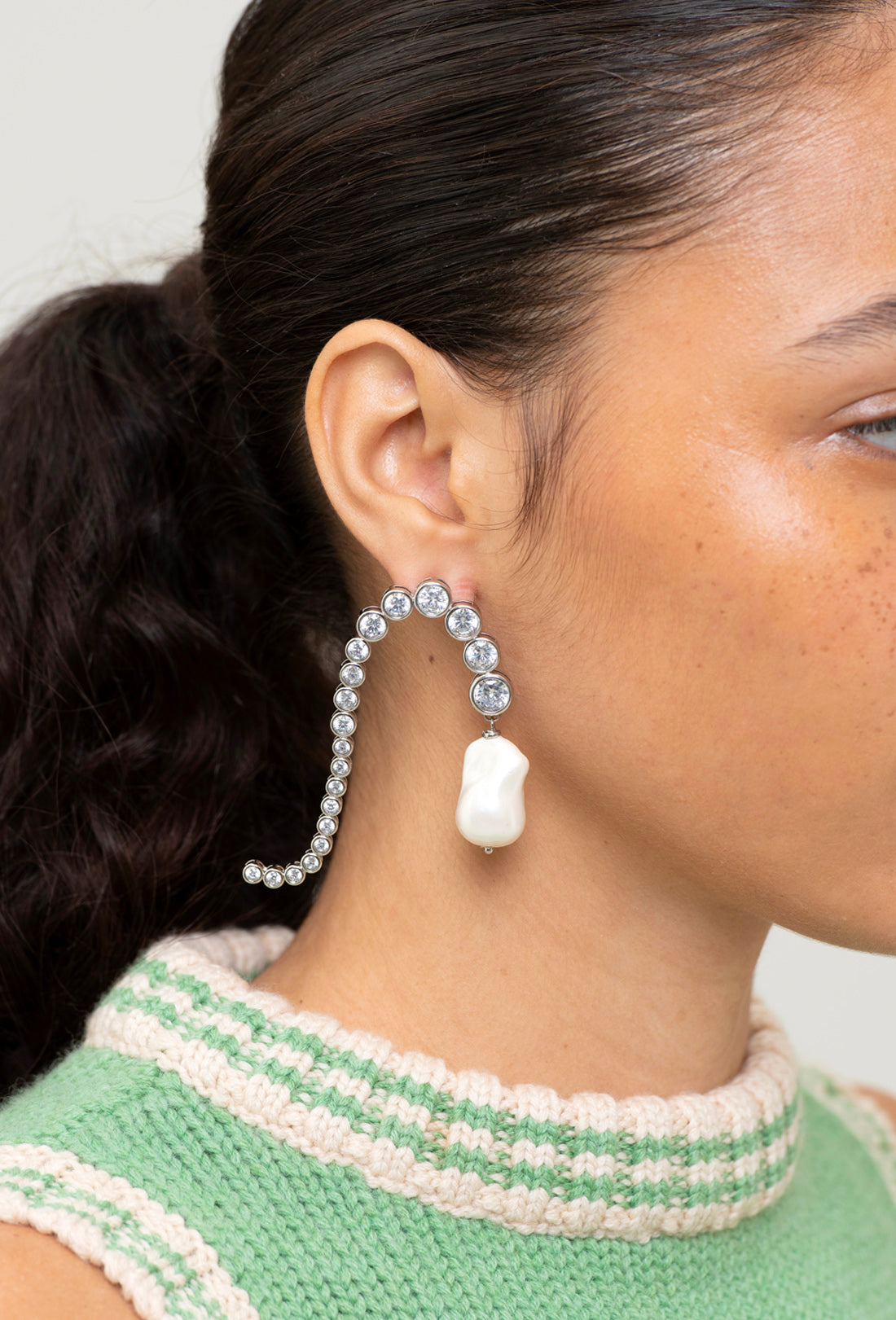 silver diamante cream pearl earrings