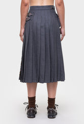 Shrimps Anya wool Kilt. Grey Stewart tartan kilt with contrasting plain grey on the back. Buckle fastenings with side pocket. Woven and made in Scotland. AW26