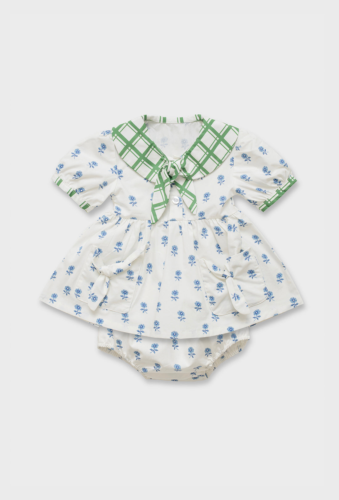 Bia Baby &amp; Kids Dress &amp; Bloomers - Delft Flower/Leaf Green Check