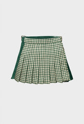 Shrimps baby & kids Darcy kilt. Green Gingham wool, wrap-around skirt with buckle fastenings. AW26.