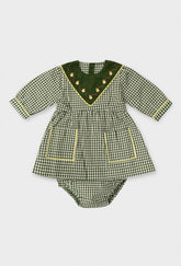 Shrimps baby & kids Detroit Dress & Bloomers. Green gingham cotton dress with apple embroidery. AW26.