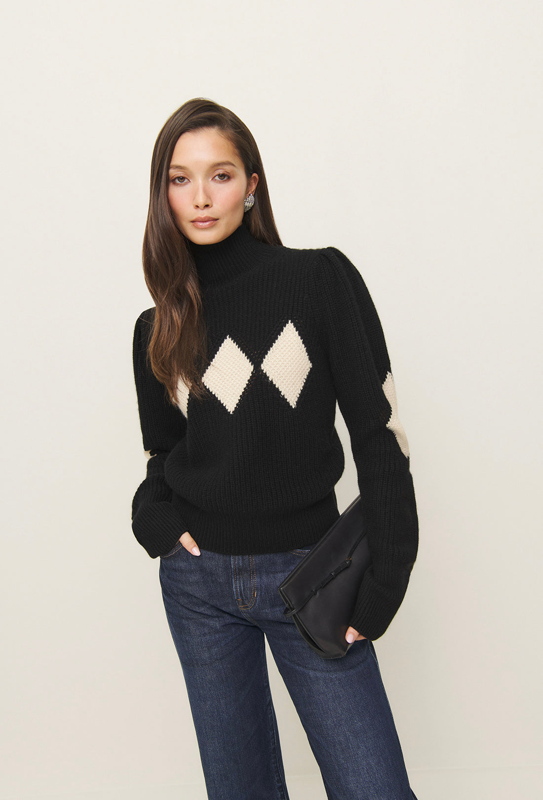 Shrimps x Reformation Diamond Cashmere Turtleneck - Black/Cream