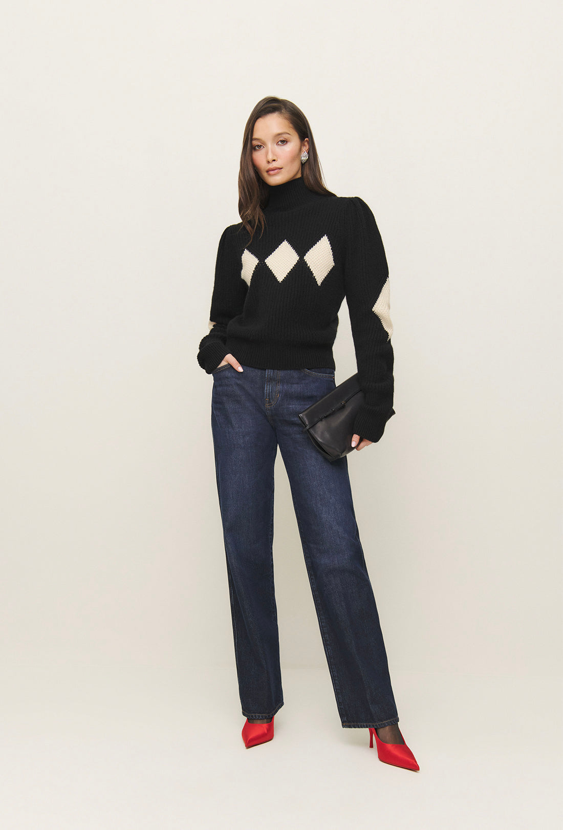 Shrimps x Reformation Diamond Cashmere Turtleneck - Black/Cream