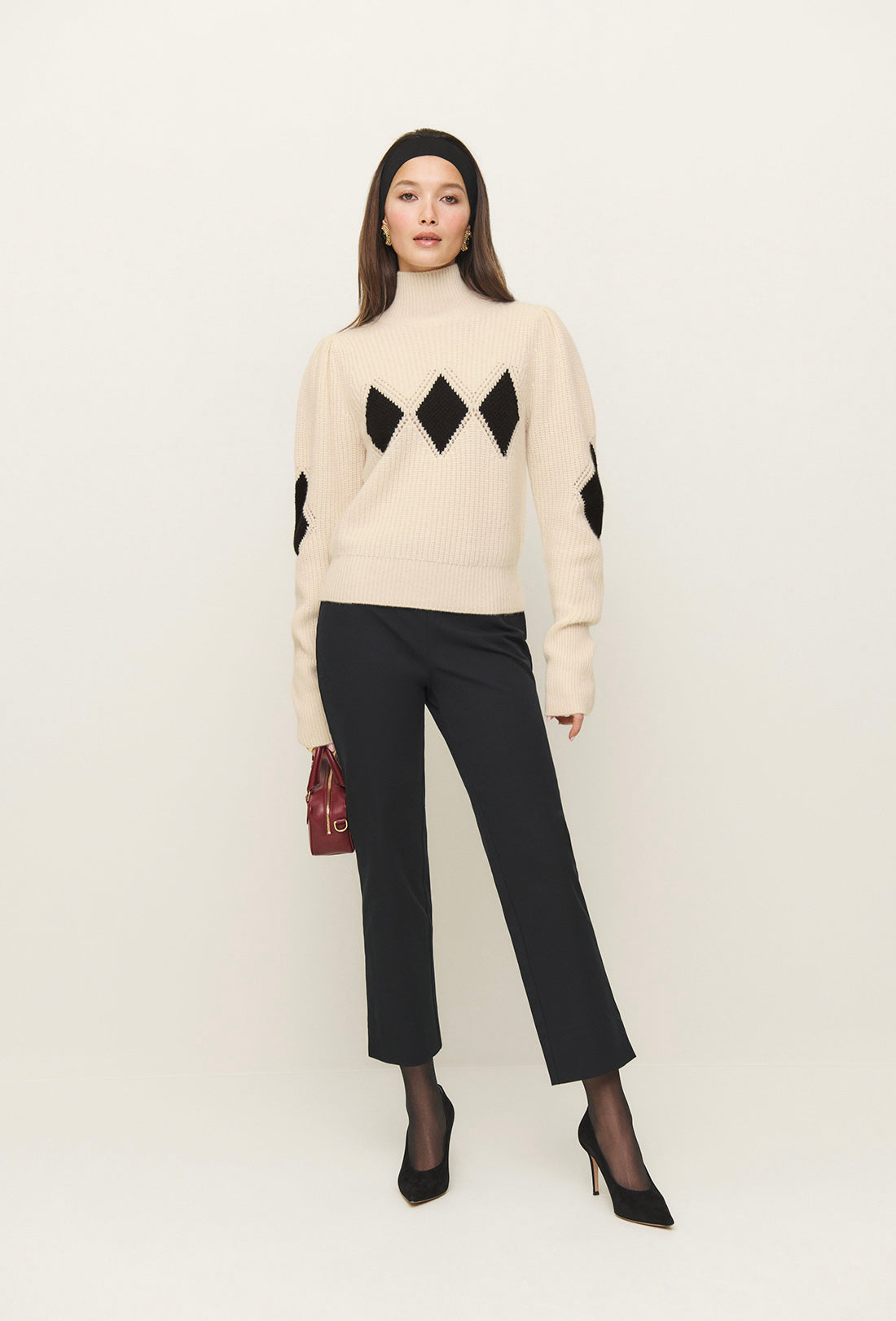 Shrimps x Reformation Diamond Cashmere Turtleneck - Cream/Black