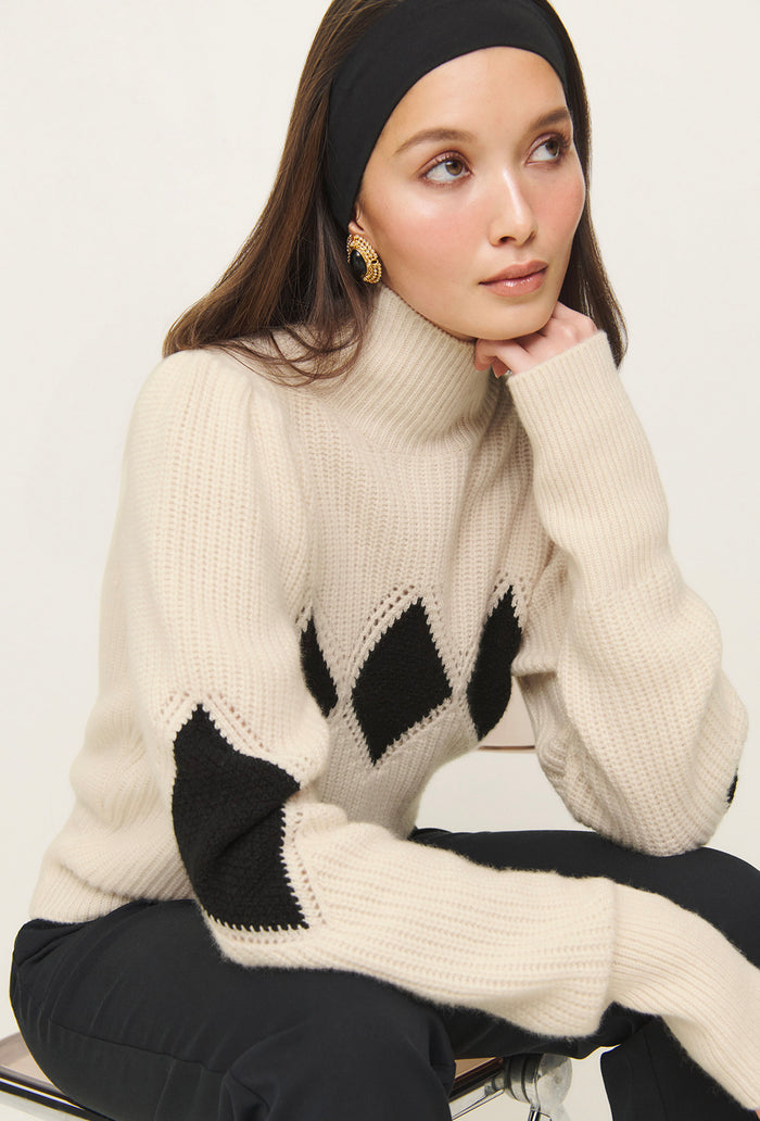 Shrimps x Reformation Diamond Cashmere Turtleneck - Cream/Black