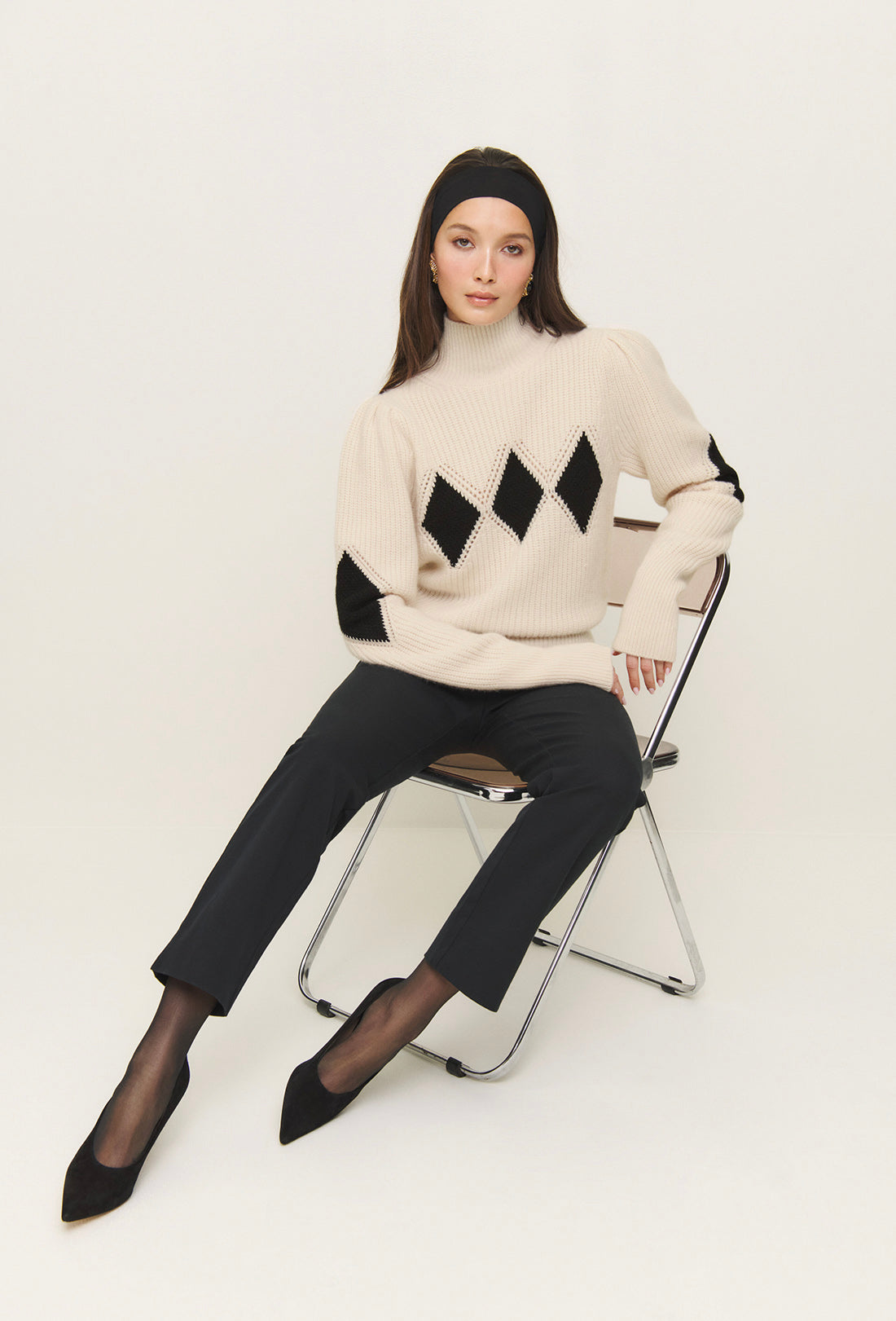 Shrimps x Reformation Diamond Cashmere Turtleneck - Cream/Black