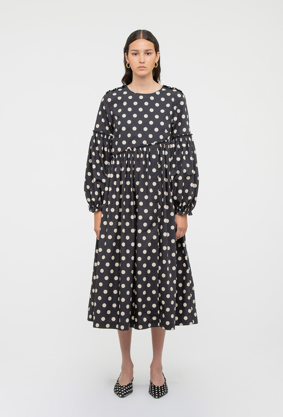 Fenella Dress - Black/Ecru Spot