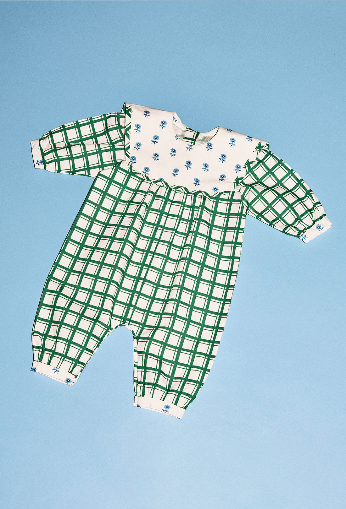 Leda Baby &amp; Kids Romper - Leaf Green Check/Delft Flower