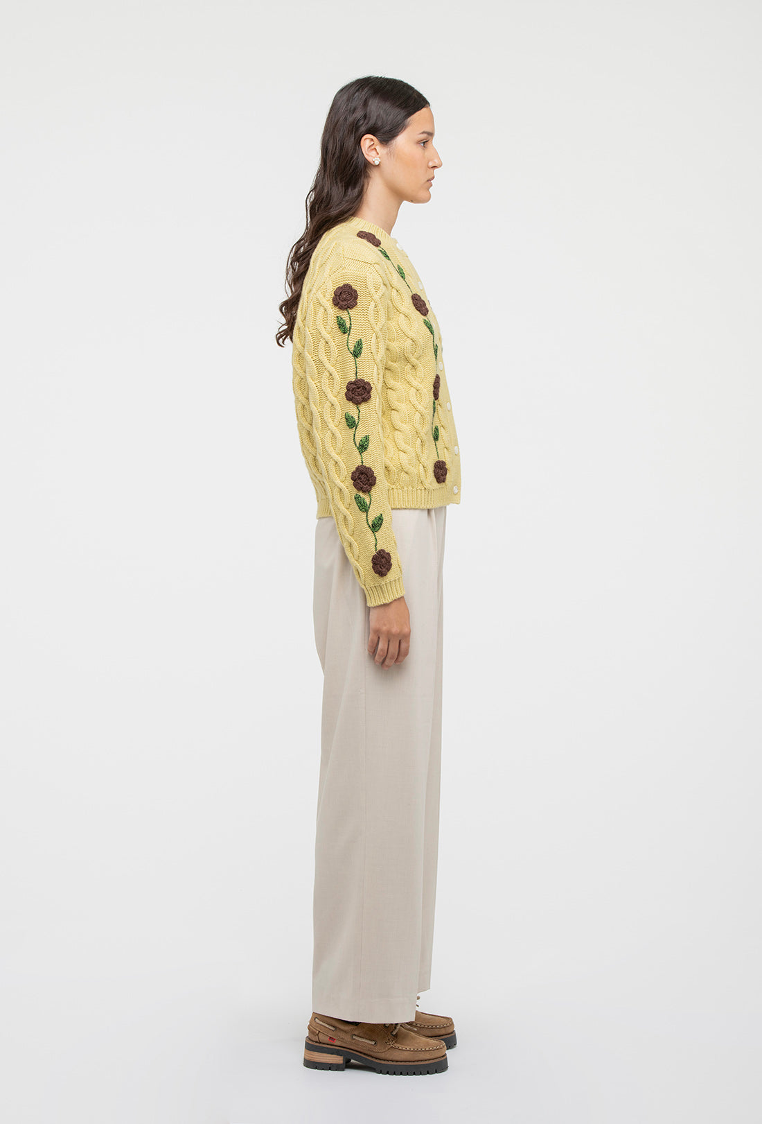 Minnie Cardigan - Dusty Yellow/Chocolate Brown