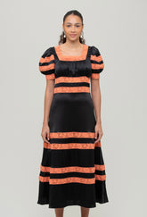 black and orange midi dress