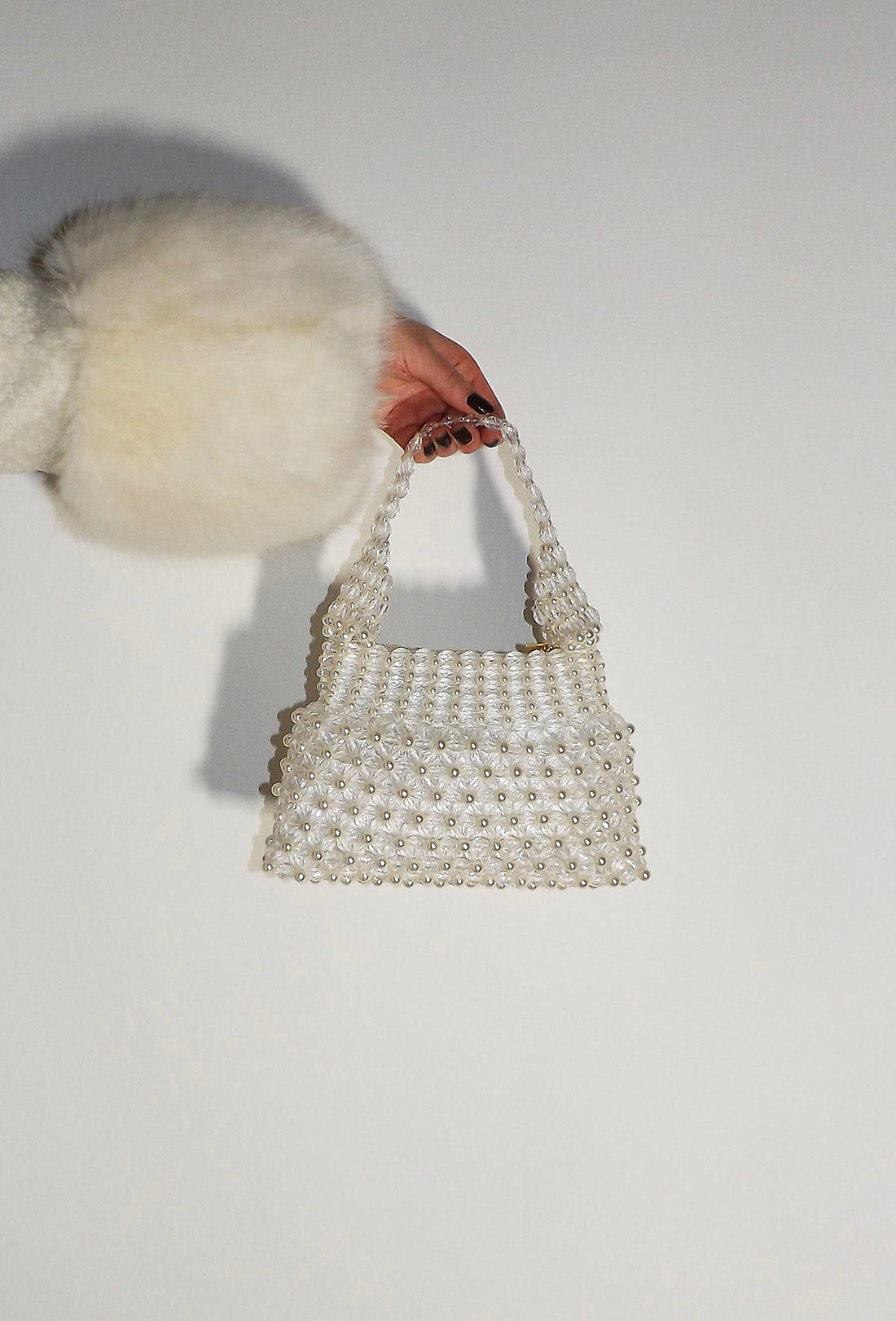 cream clear beaded pearl bag